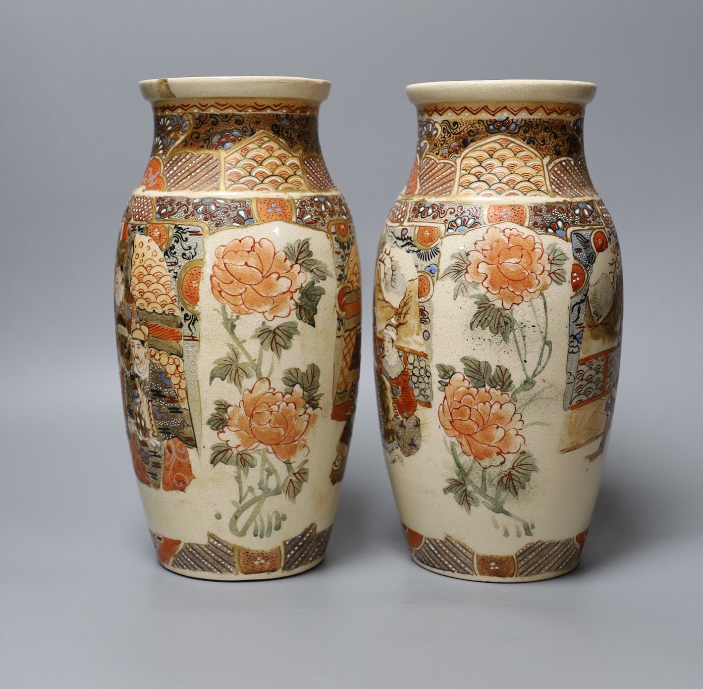 A pair of Satsuma pottery vases, c.1900, 25cm tall